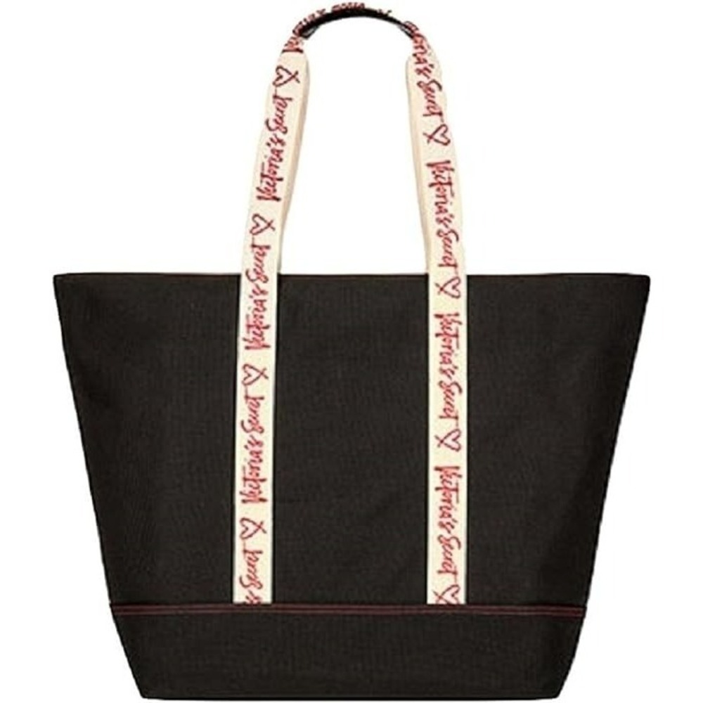Victoria's Secret Logo Black Canvas Signature Large Beach Tote Shop Bag Shoulder